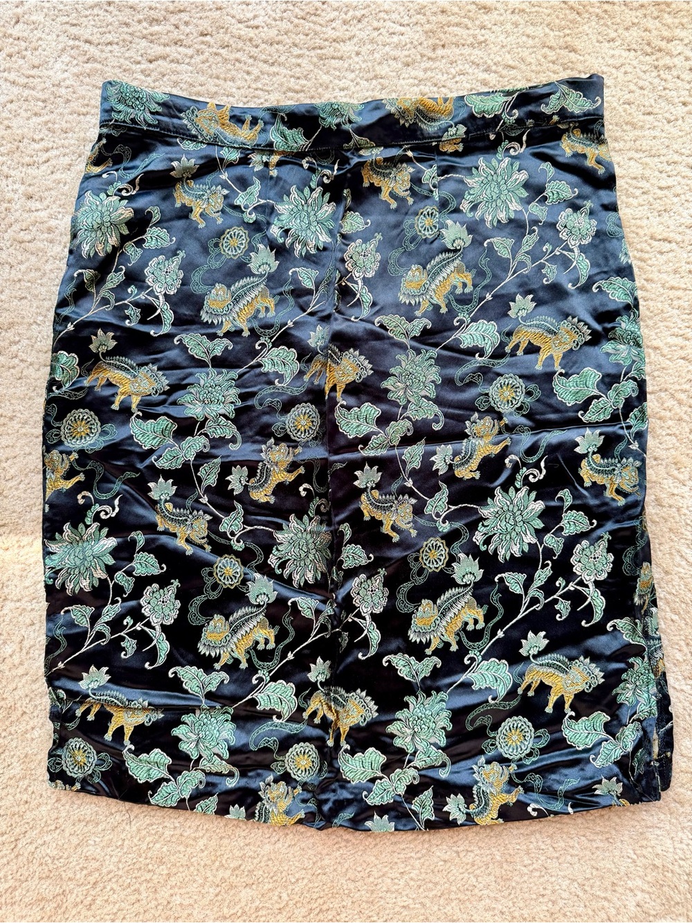 Embroidered Floral Satin Pencil Skirt in Black and Teal
